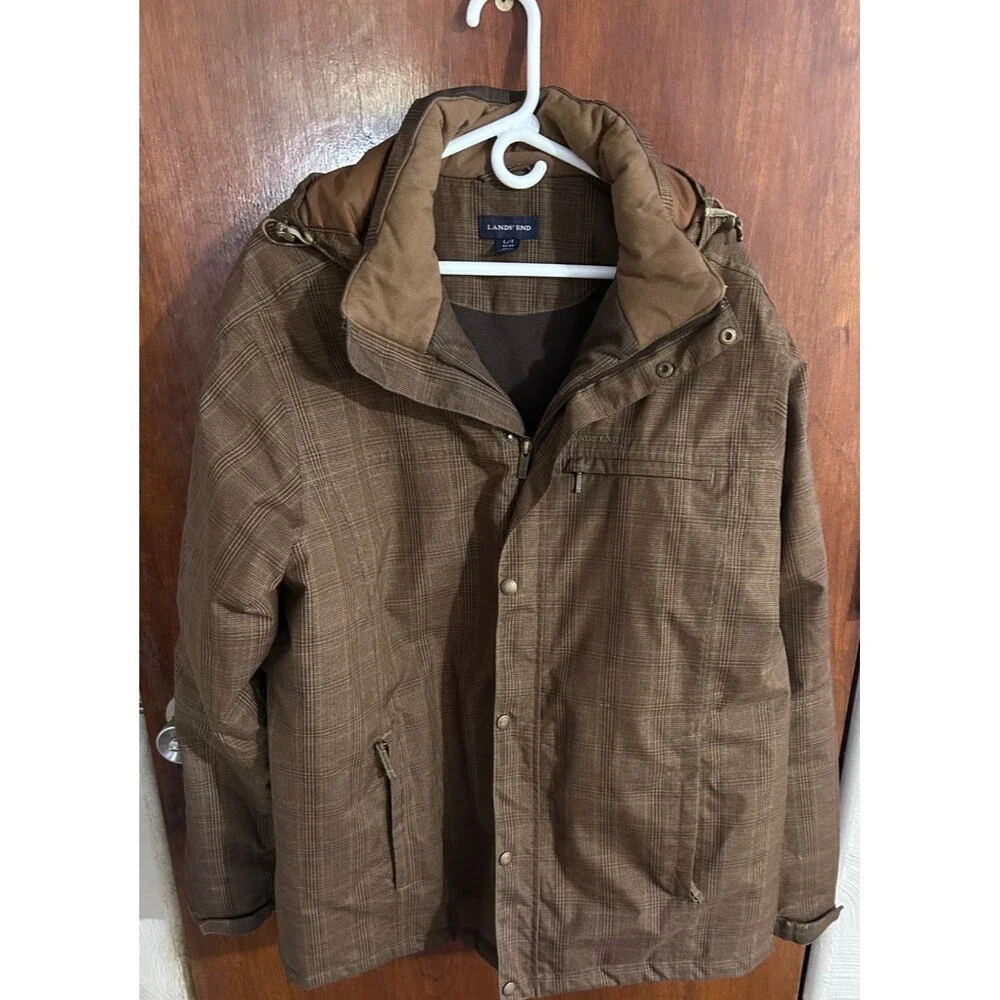 Lands' End Men's sz LT Brown Plaid Parka Jacket Coat - Picture 1 of 7